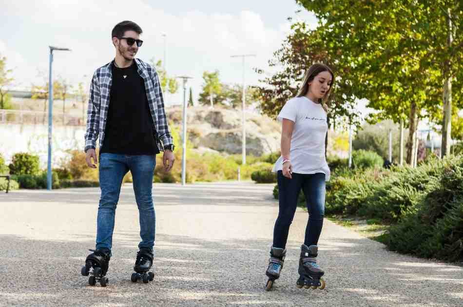 A couple enjoys skating together outdoors. Is roller skating good exercise It is a fun social workout for all.